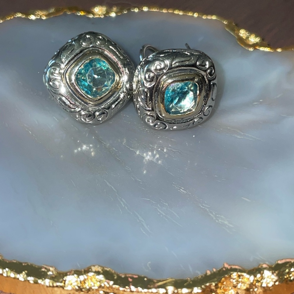 Two Tone Roman Square Earrings Blue Topaz Stone
